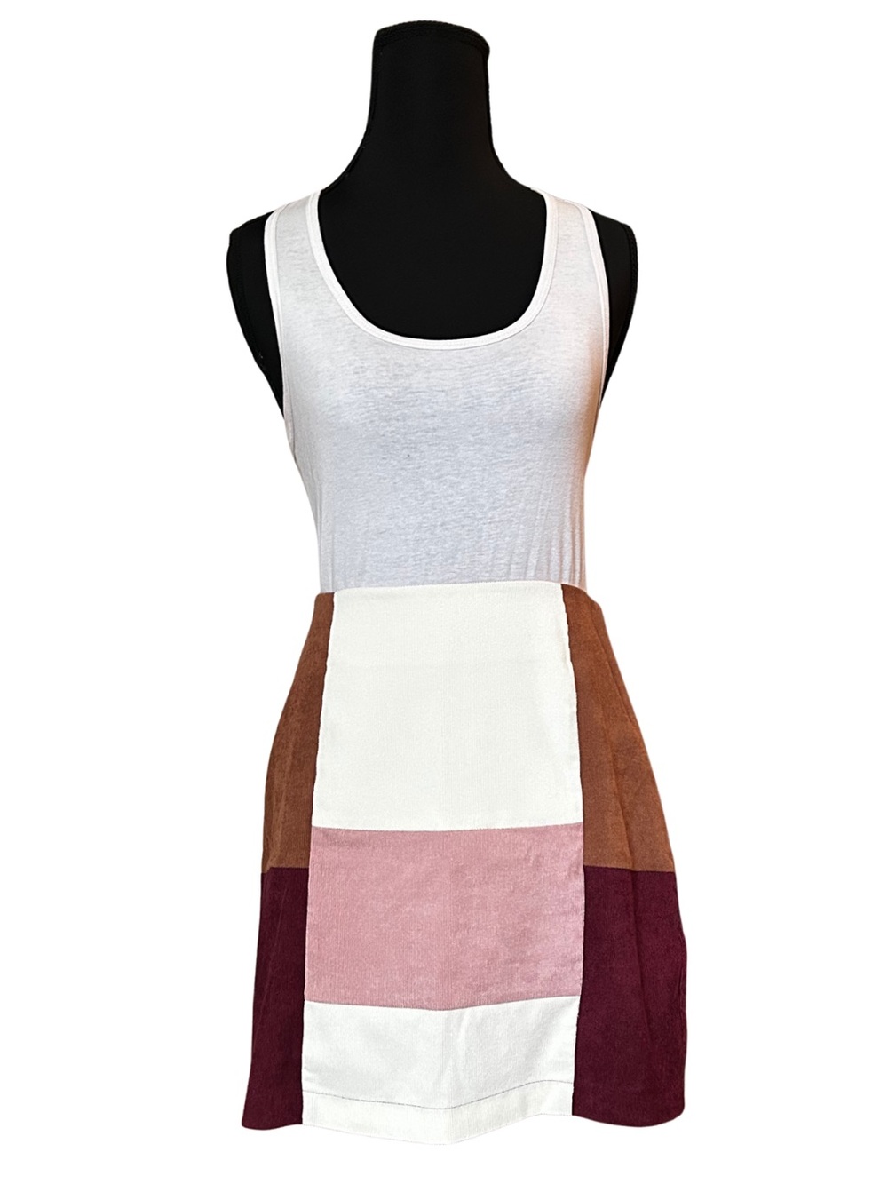 Blue Rain Colorblock Patchwork Mini Skirt in White, Pink & Brown
